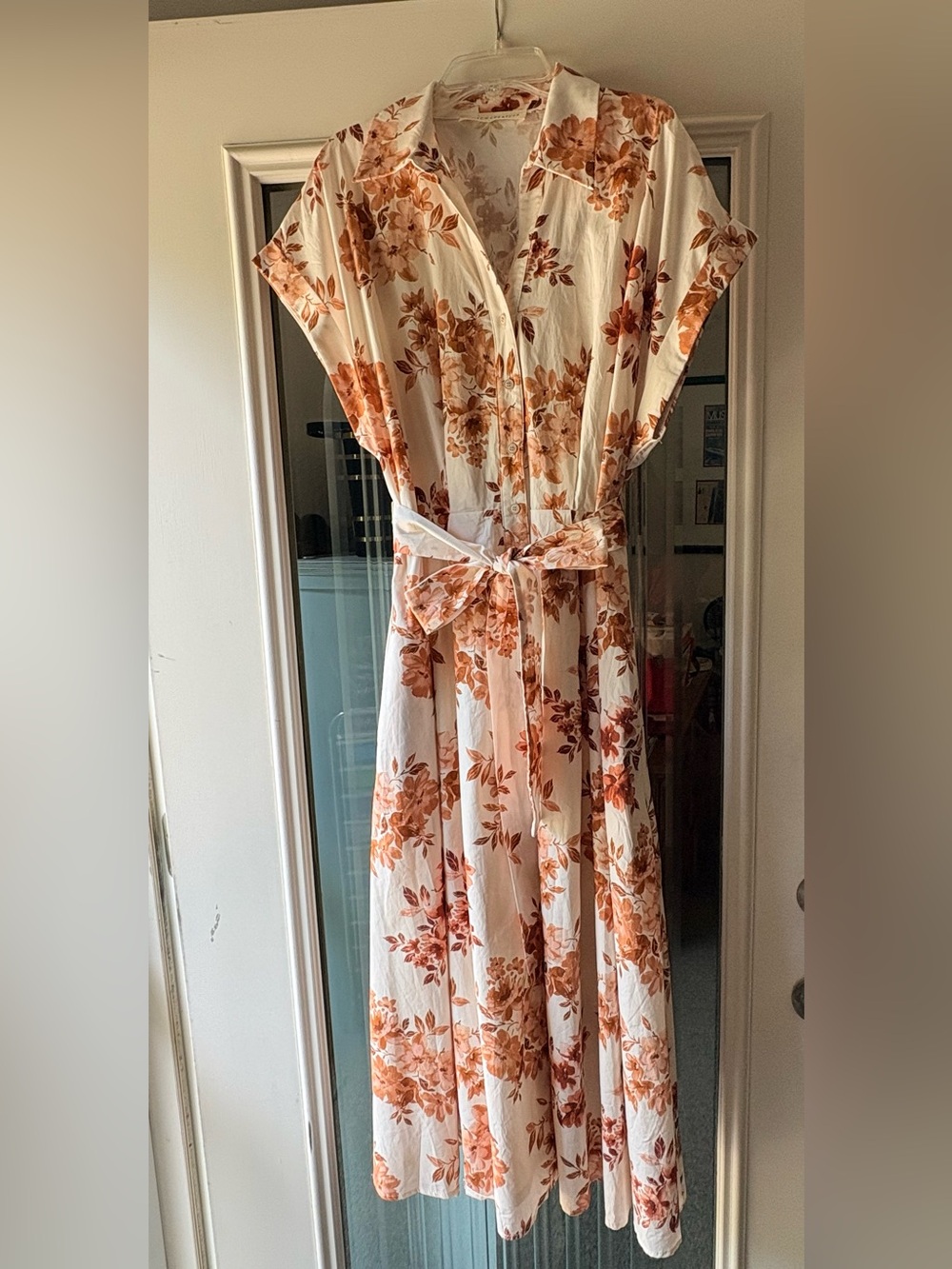 Stitch + Feather Tie-Waist Floral Midi Dress in Cream and Rust-Sold out online!